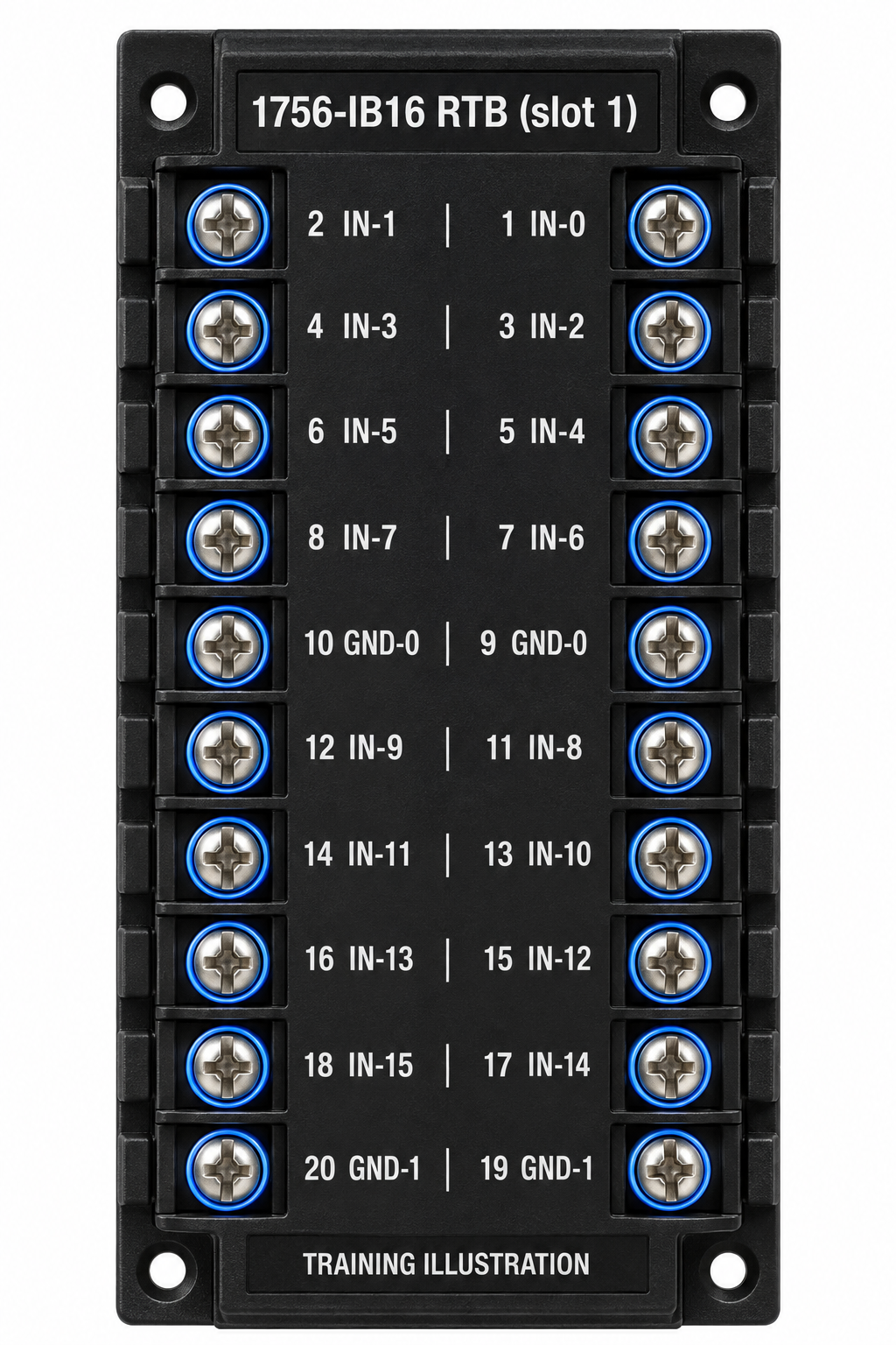 1756-IB16 removable terminal block (1756-TBNH), enlarged: pins 1 to 20 with the signal names between the two screw columns (training illustration)
