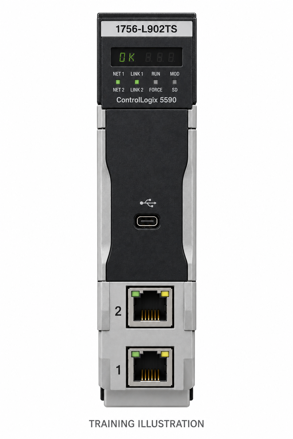 ControlLogix 5590 controller, 1756-L902TS, silver and black training illustration