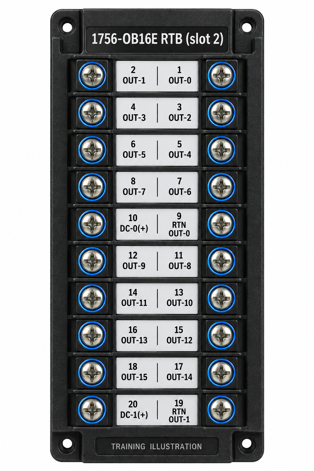 1756-OB16E removable terminal block (1756-TBNH), enlarged: pins 1 to 20 with the signal names between the two screw columns (training illustration)