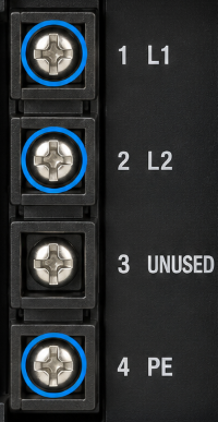 1756-PA72 power supply terminals behind its door, enlarged: 1 L1, 2 L2, 3 not used, 4 protective earth (training illustration)