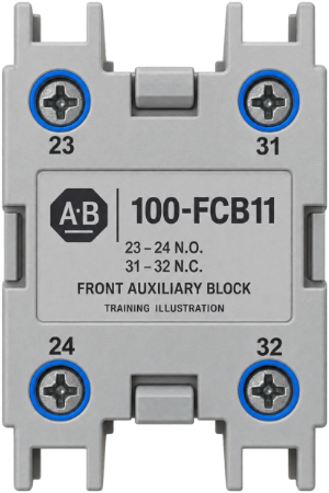 Allen-Bradley 100-FCB11 front auxiliary contact block, enlarged: 23 and 31 on top, 24 and 32 below (training illustration)