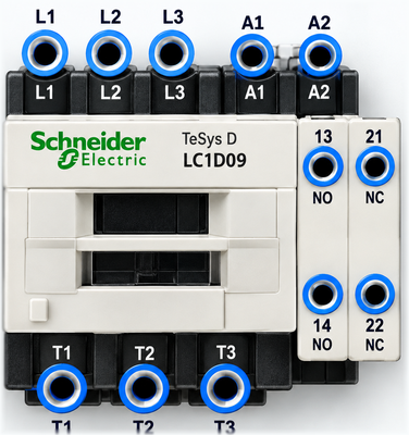 Contactor line, coil, auxiliary, and load terminals