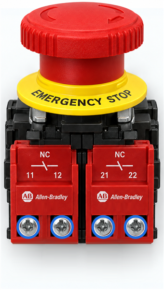 Emergency stop: twist-to-release mushroom operator with two N.C. contact blocks 11-12 and 21-22 (training illustration)