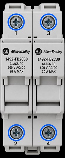 Transformer primary fuses F5 and F6: Allen-Bradley 1492-FB2C30 2-pole Class CC fuse holder