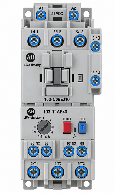 Motor starter M1: Allen-Bradley 100-C09EJ10 contactor with a 193-T1AB40 overload relay mounted underneath