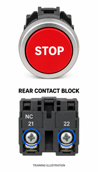 Stop pushbutton: front operator and rear N.C. contact block 21-22 (training illustration)