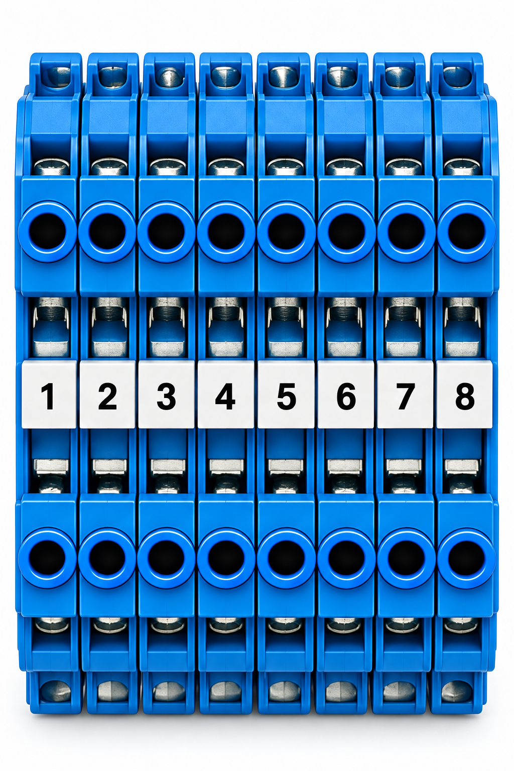 TB2: blue 0 V feed-through terminals bridged by a jumper comb