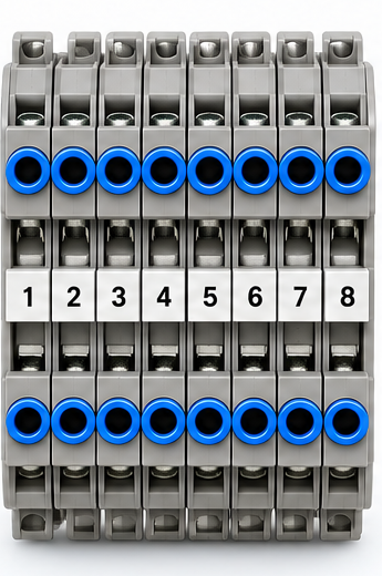 Gray feed-through terminals X1T (Allen-Bradley 1492-J3) for the fused control hot X1, bridged by a jumper comb