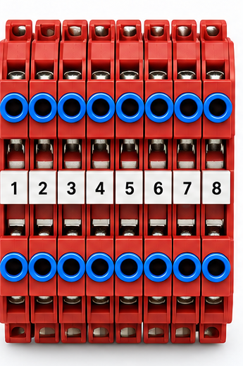 TB1: red +24 V feed-through terminals bridged by a jumper comb
