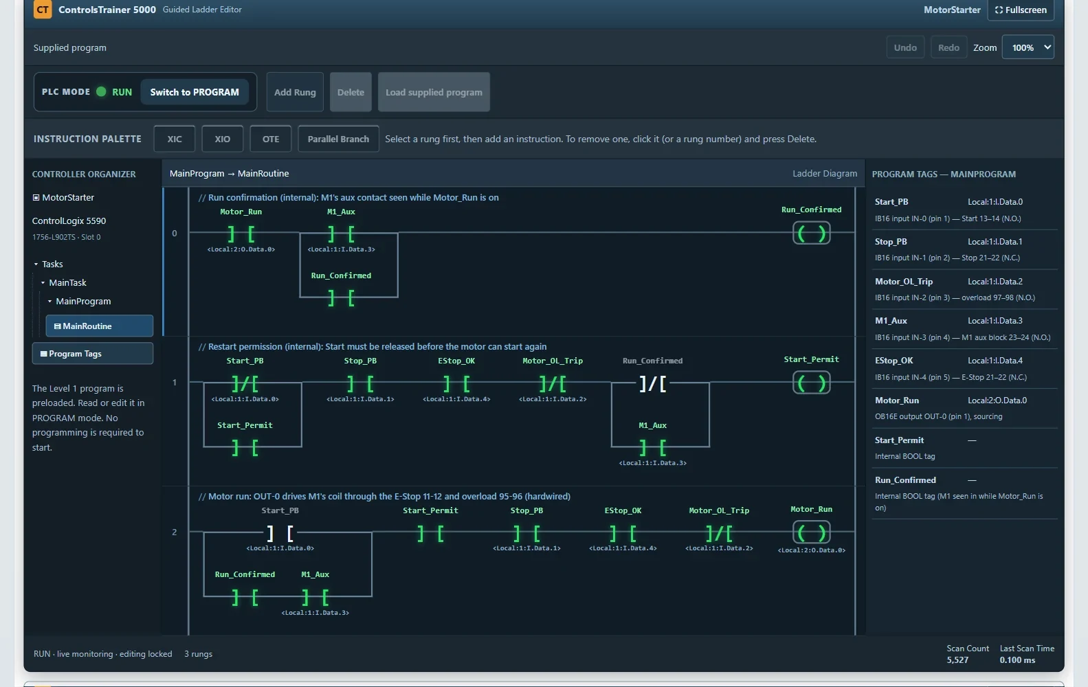 the supplied motor-starter ladder program in RUN mode.