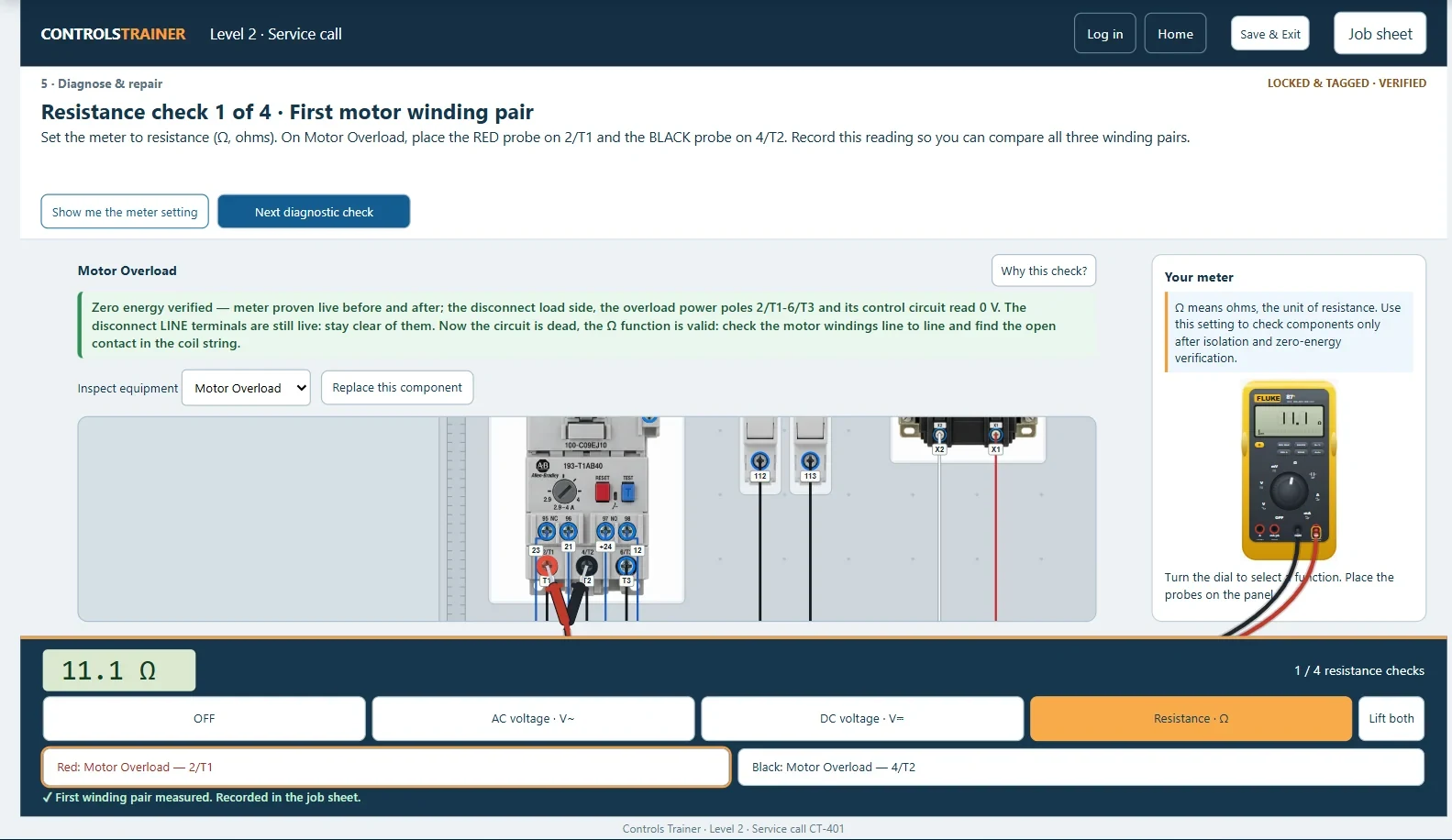 the simulated meter and troubleshooting workspace.