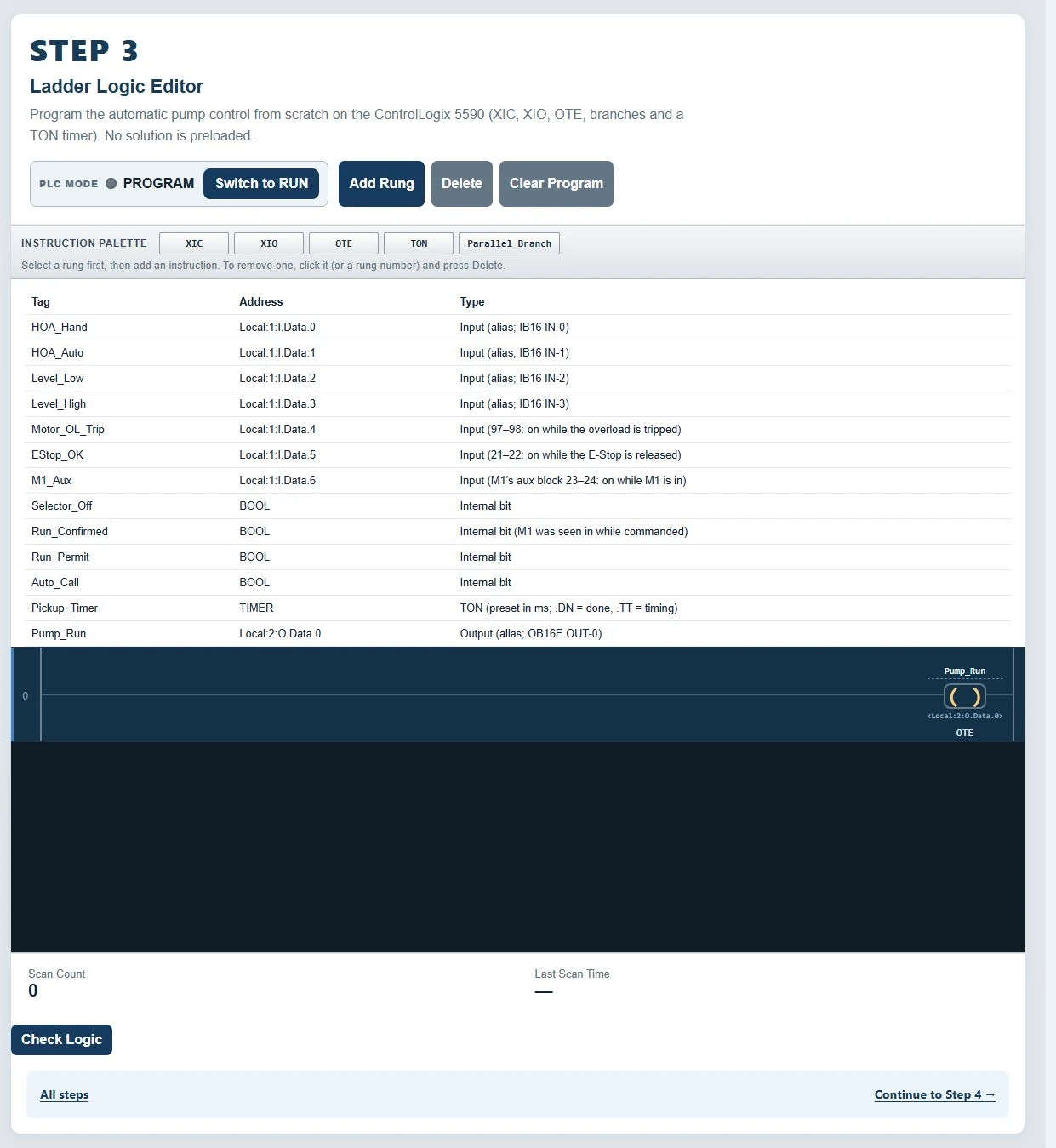 the pump-control ladder editor and instruction controls.