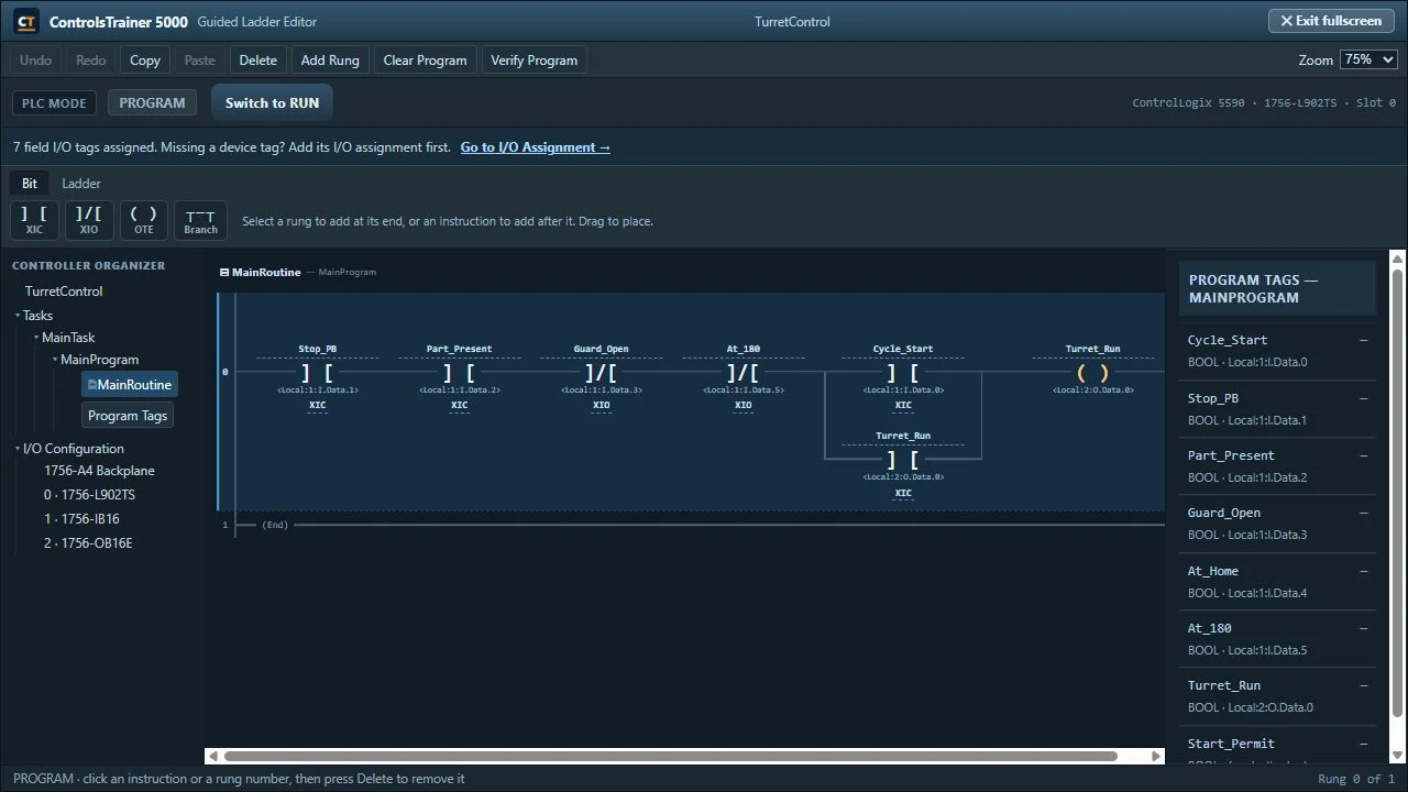 the indexing-turret ladder program, parallel seal-in branch, and program tags.