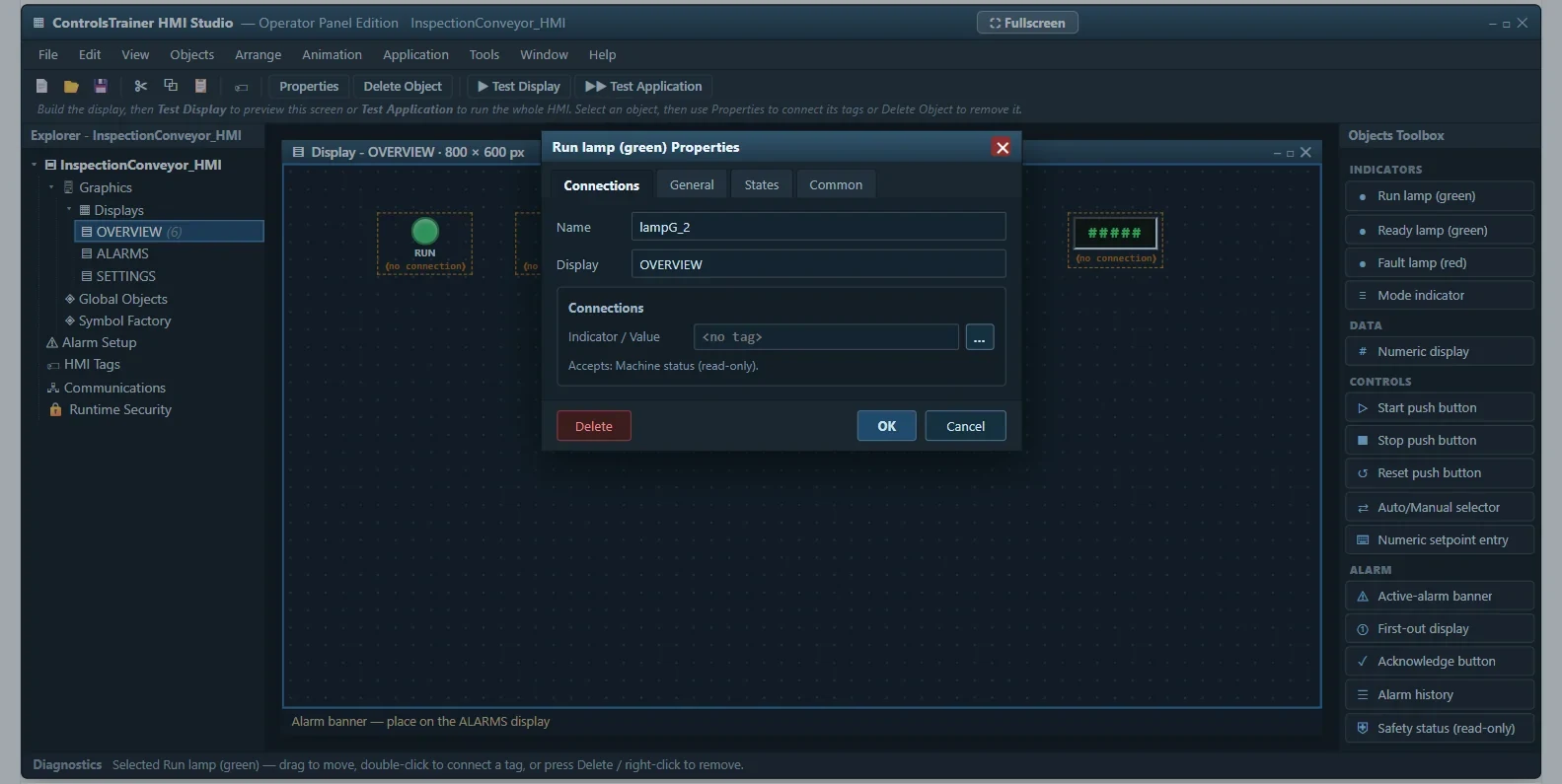 HMI Studio with canvas objects and the object-properties dialog.