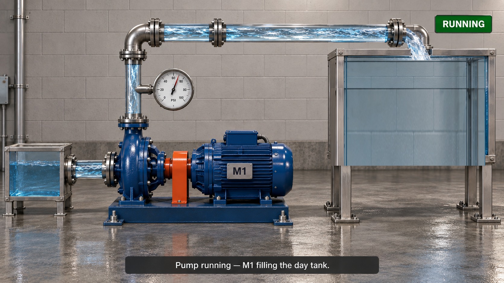 M1 transfer pump running — water flowing through the pipes and filling the day tank