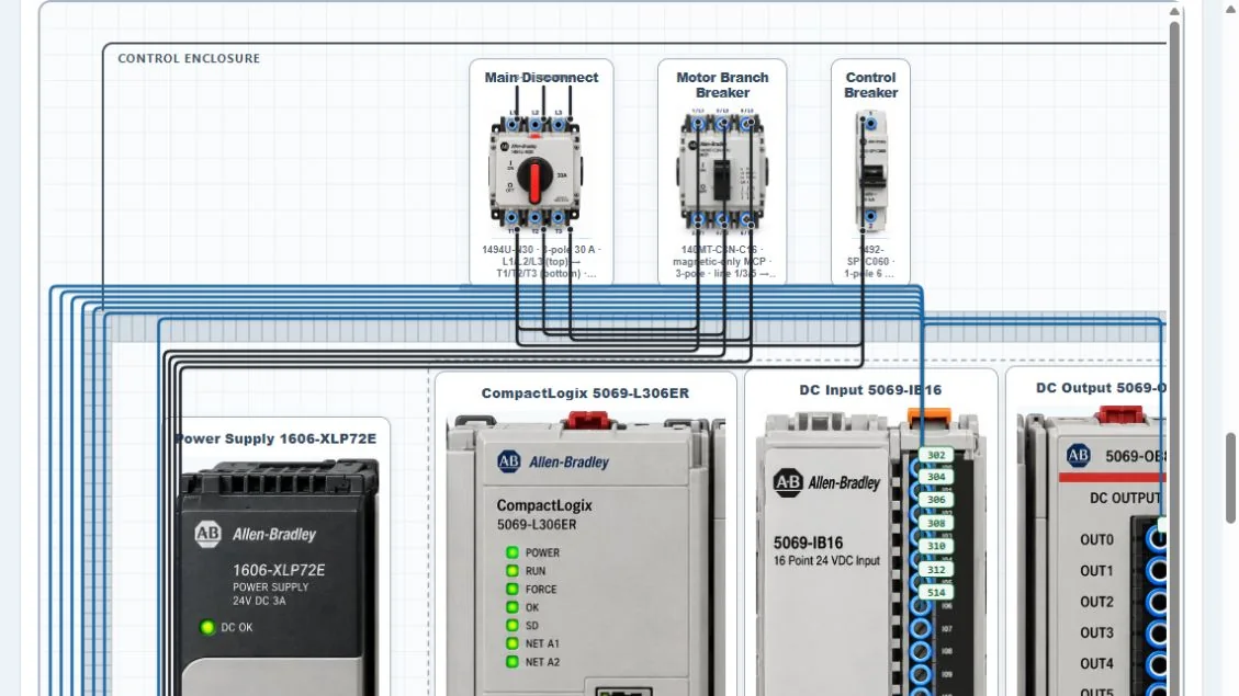Completed ControlsTrainer Level 7 control panel with PLC hardware, routed conductors and numbered wire sleeves