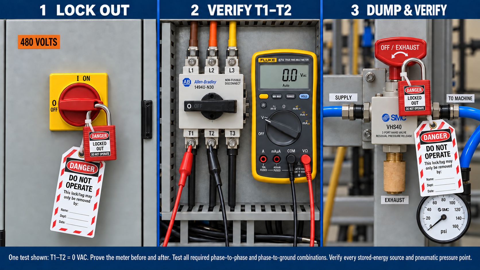 Three-view energy-isolation sequence: an exterior disconnect operator locked and tagged OFF, an interior load-side T1-to-T2 voltage test reading 0.0 VAC, and a locked pneumatic dump valve with its downstream gauge at 0 psi.