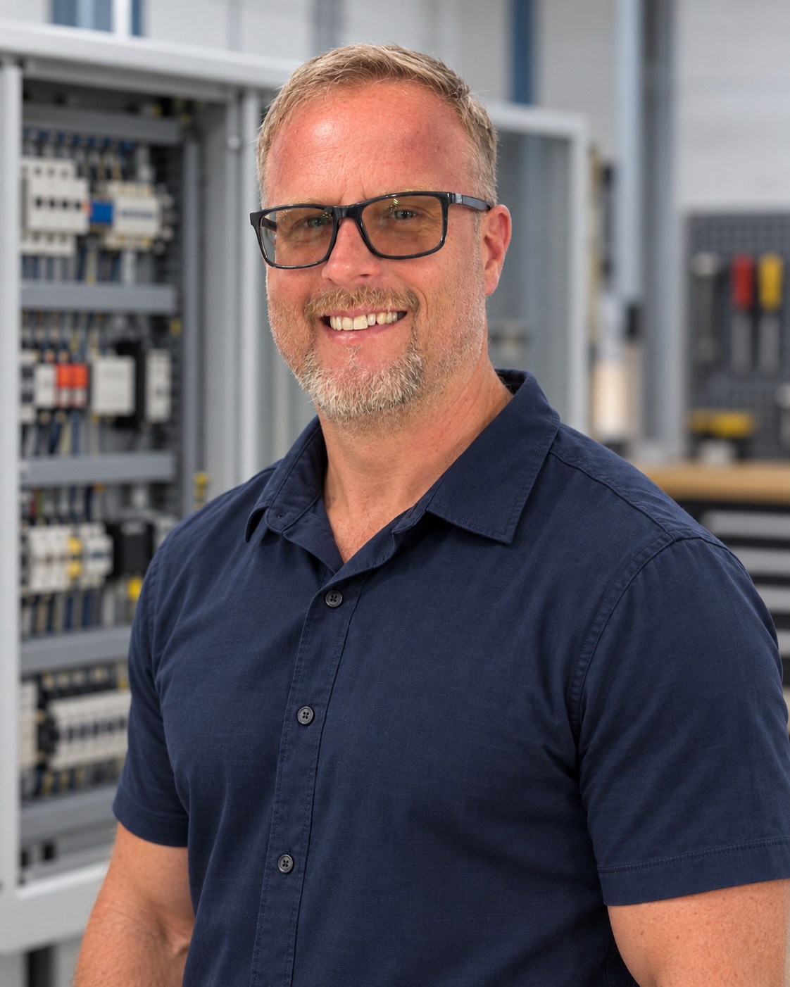 John Clore, creator of ControlsTrainer, in an industrial controls workspace