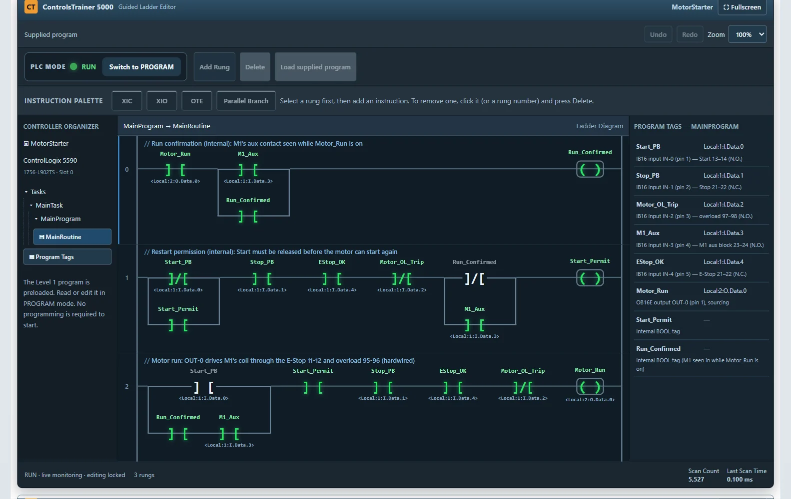 ControlsTrainer 5000 ladder editor in RUN showing Level 1's three-rung motor starter program