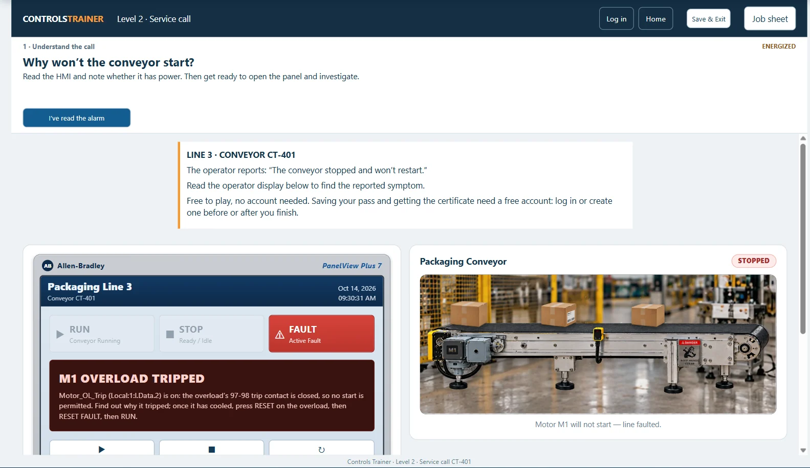 Level 2 service call: the conveyor's operator terminal showing the alarm