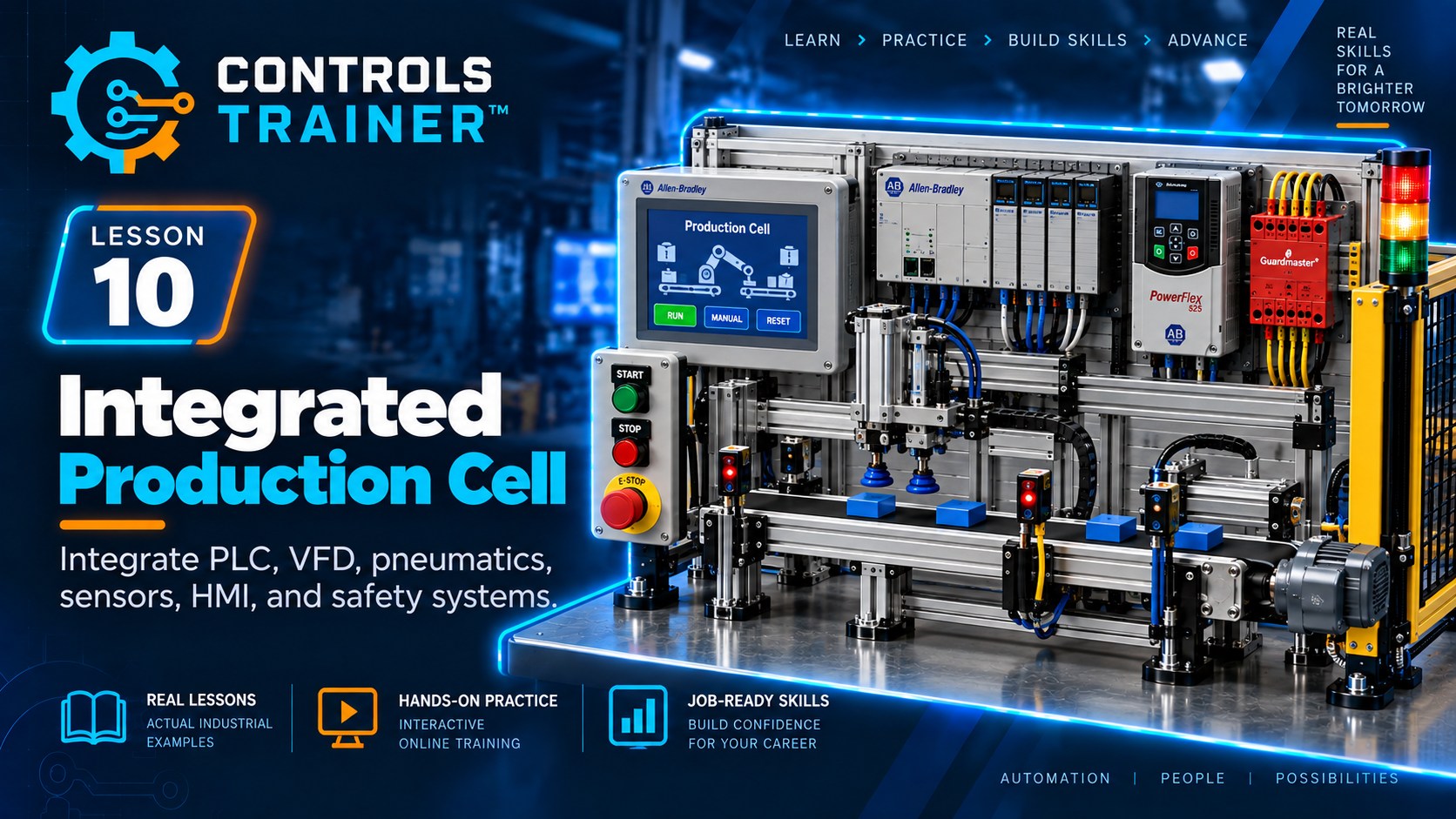 Level 10 Integrated Production Cell PLC VFD pneumatics HMI safety training