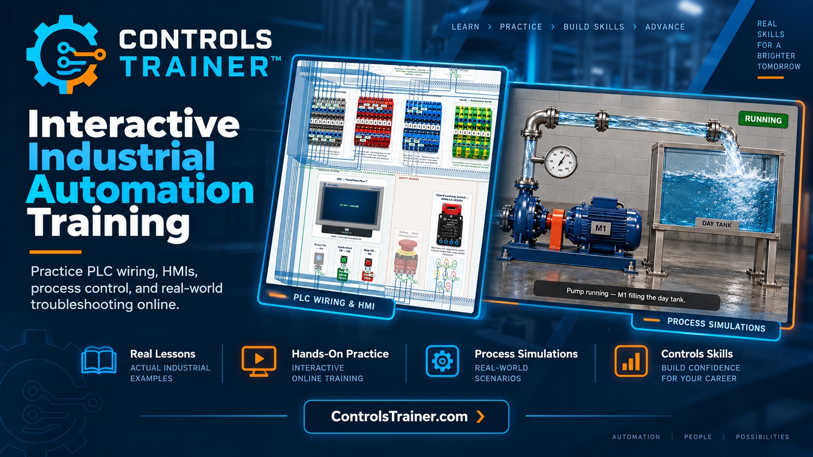 Controls Trainer interactive industrial automation training — PLC wiring, HMI, and process simulation