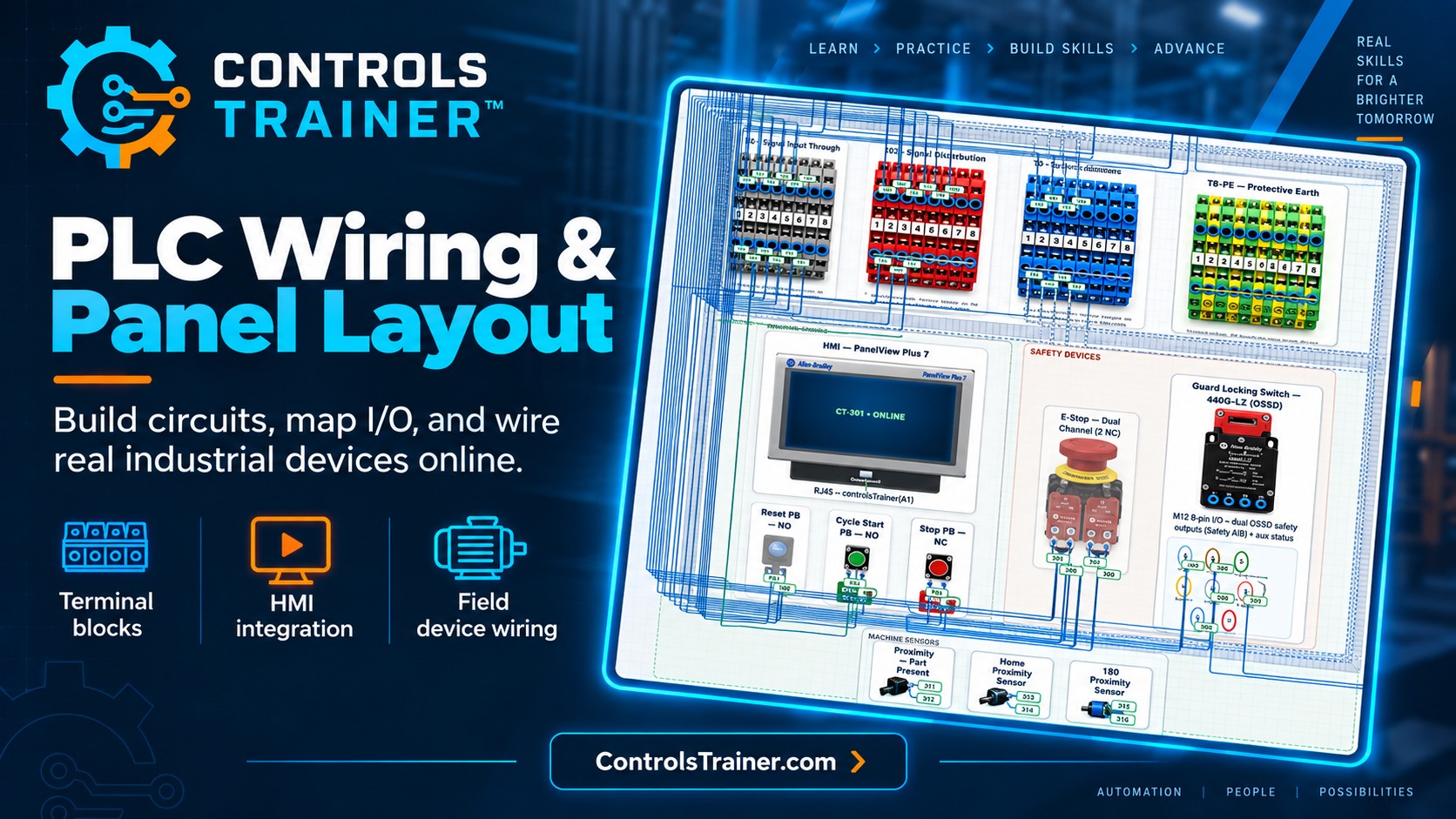 Controls Trainer PLC wiring and panel layout — terminal blocks, HMI, and field device wiring